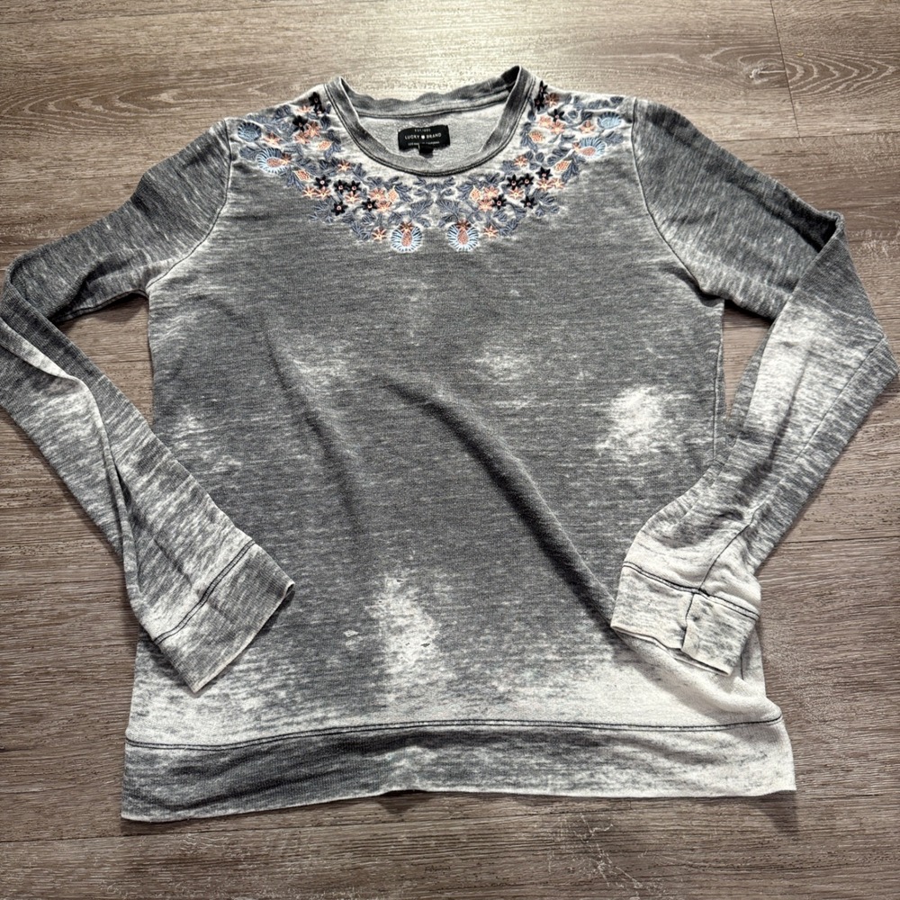 Lucky Brand Sweatshirt Women S Gray Cotton Blend‎ Floral Embroidered Boho Casual